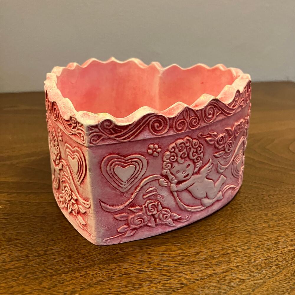 Pink heart shaped wood carved bowl, cherubs roses hearts, coquette cottagecore